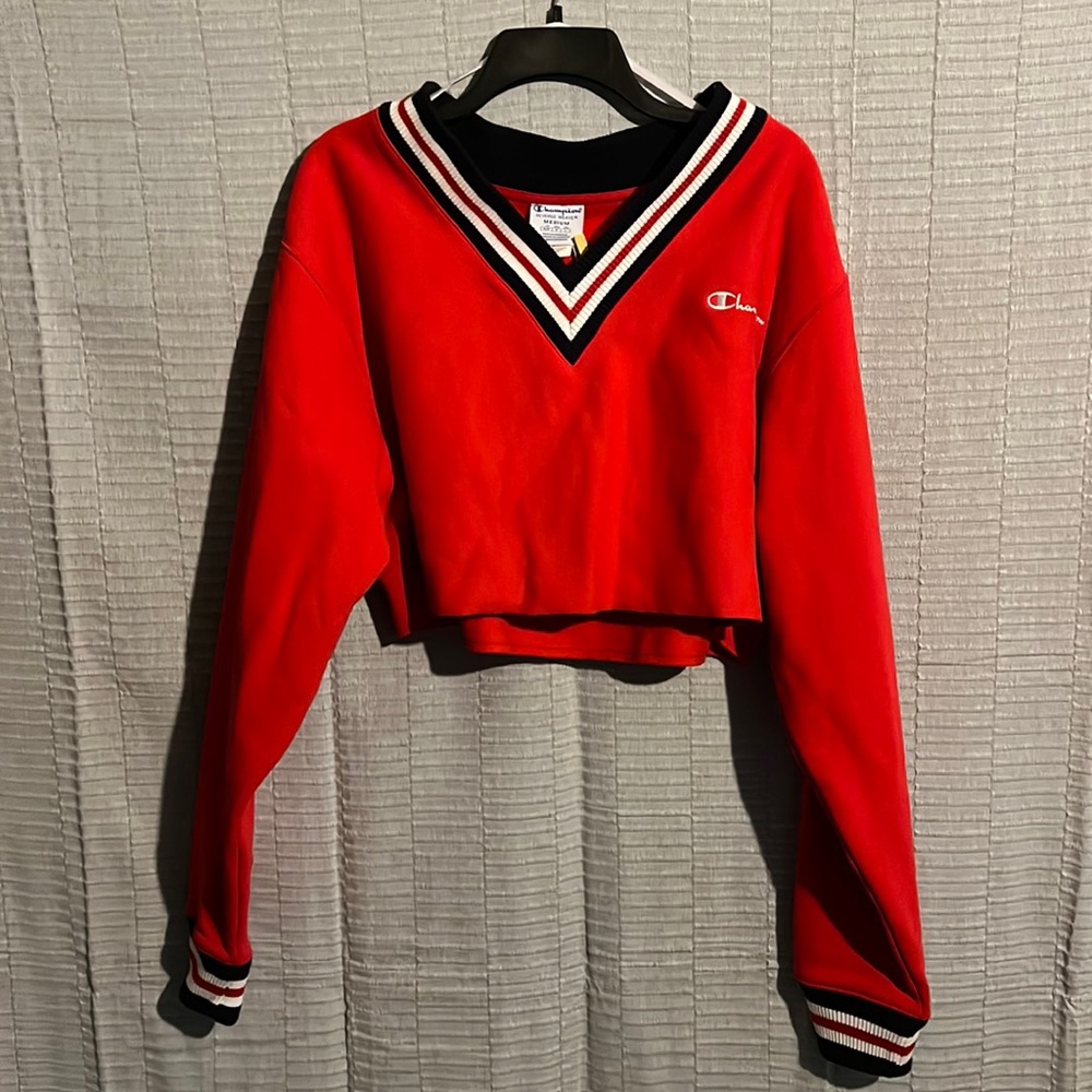 Red Champion Reverse Weave Crop V-neck Sweatshirt